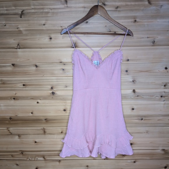 Hello Molly Dresses & Skirts - Hello Molly Pink Ruffle V-Neck Mini Dress Crinkle Tiered Flounce Size 6